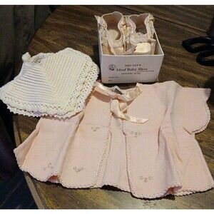 Handmade Vtg 70s Embroidered Baby Jacket & 2Crochet Bibs & Baby Shoes
